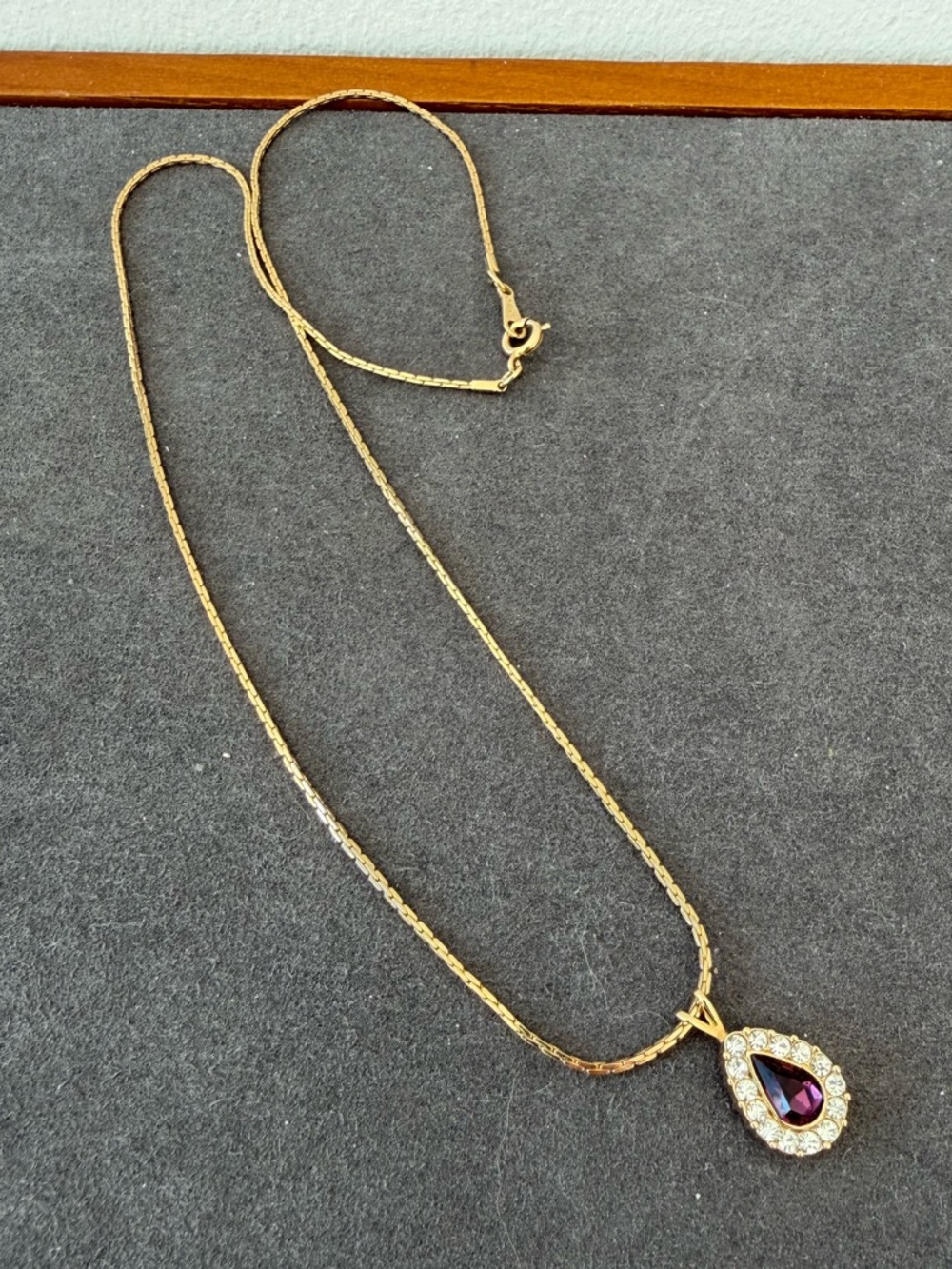 Vintage Avon Gold Tone Teardrop Pendant Necklace with Purple Stone